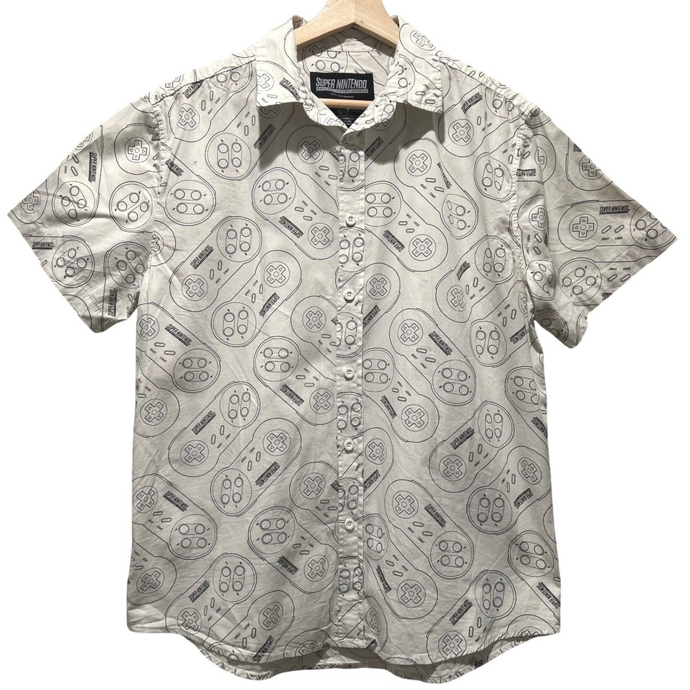 Nintendo Super Nintendo SNES Controller Shirt White All Over Print Button Up L